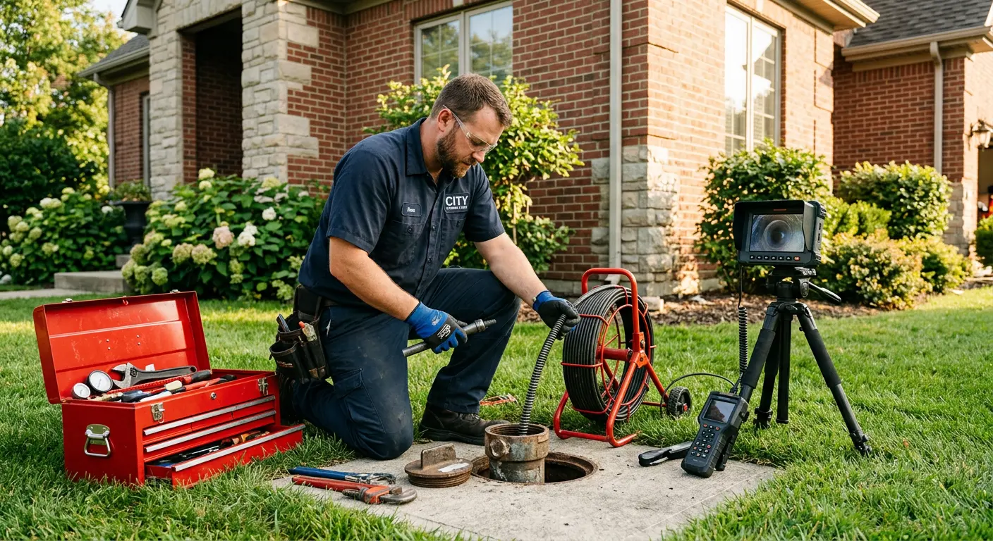 Sewer specialist with camera equipment servicing a cleanout in Chino