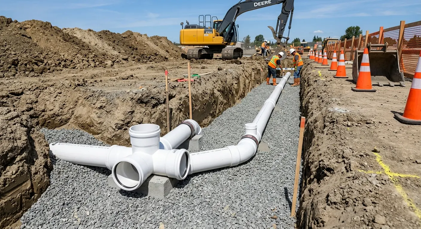 New PVC sewer pipe installation in open trench for Commercial Drain Cleaning in Chino