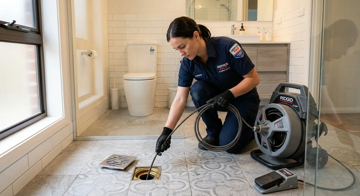 Technician clearing a bathroom floor drain for Hydro Jetting in Chino